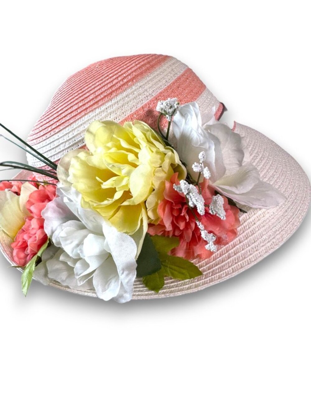 Striped Pink & White Wide Brim Hat With Artificial Flowers & Decorative Ribbon